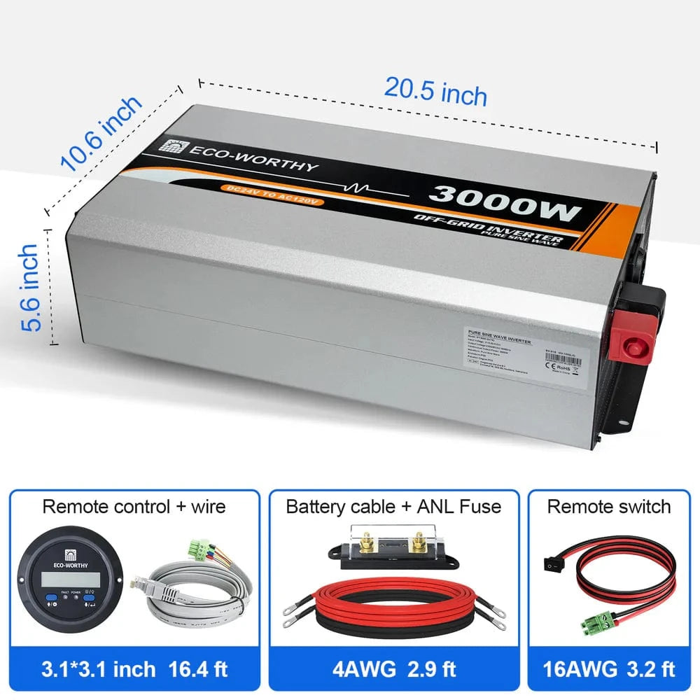 Signature Solar Solar Charge Controllers and Inverters Eco-Worthy 3000W Off Grid Pure Sine Wave Inverter 24V to 110V