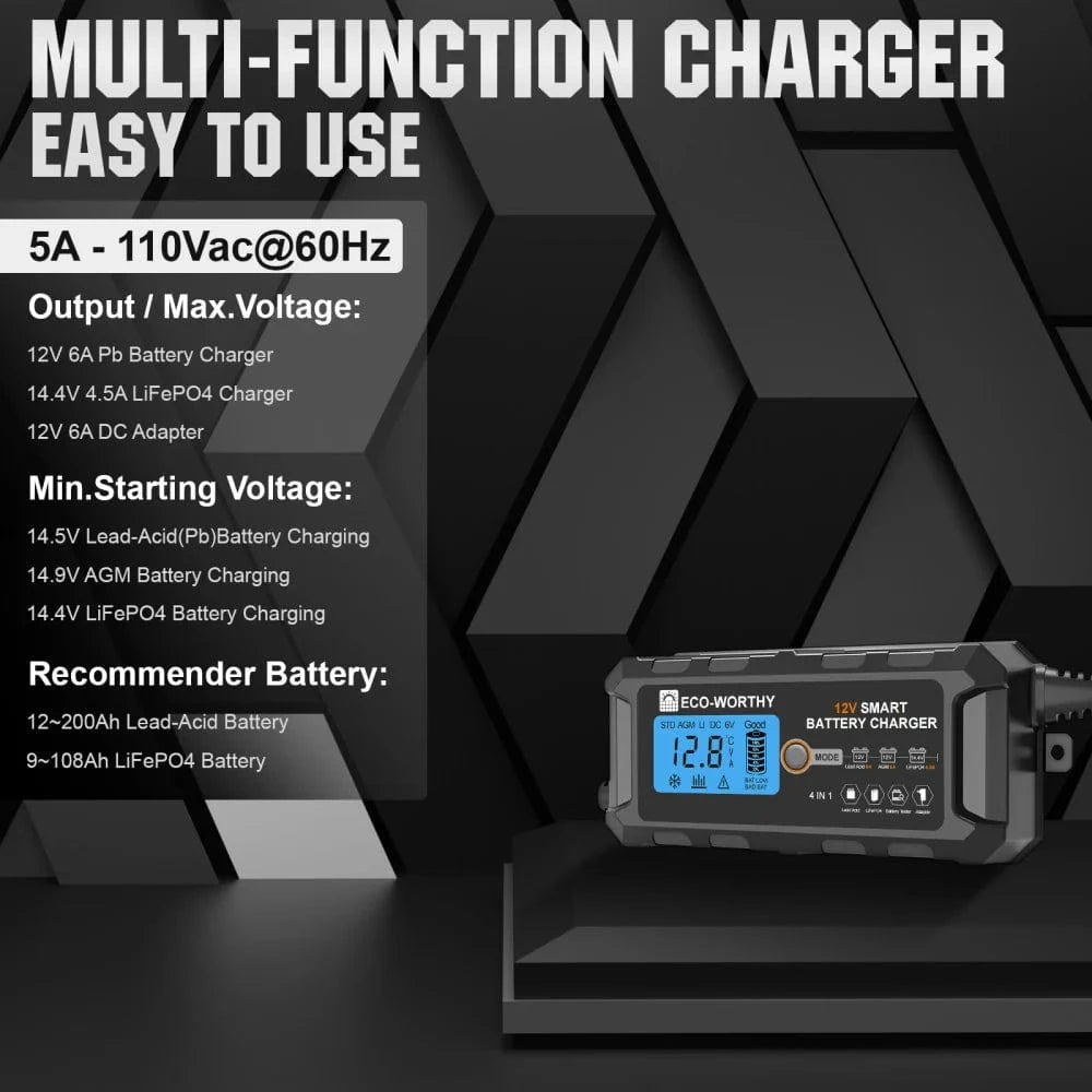 Signature Solar Chargers Eco-Worthy 5A 12V Smart Battery Charger with LCD Display for Lithium (LiFePO4) Batteries