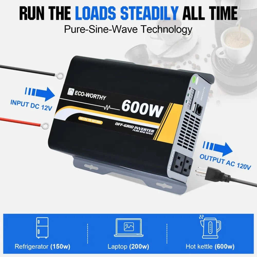 Signature Solar Solar Charge Controllers and Inverters Eco-Worthy 600W Off Grid Pure Sine Wave Inverter 12V to 110V