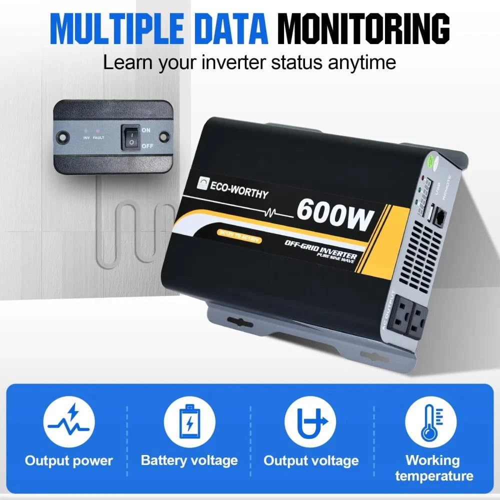 Signature Solar Solar Charge Controllers and Inverters Eco-Worthy 600W Off Grid Pure Sine Wave Inverter 12V to 110V