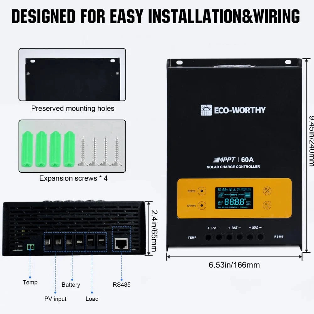 Signature Solar Chargers Eco-Worthy 60A 12/24/36/48V MPPT OLED Display Solar Charge Controller Regulator