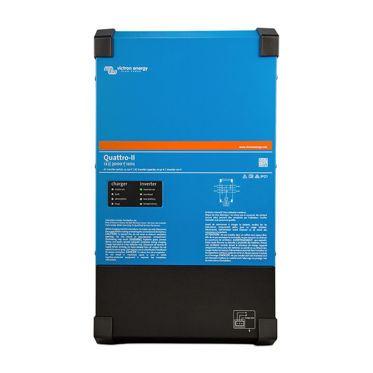 Signature Solar Solar Inverters Victron Quattro -II 12/3000 | 12V Input | 3000vA Output 2 x 120V | 120A Charger | 50A Transfer Switch