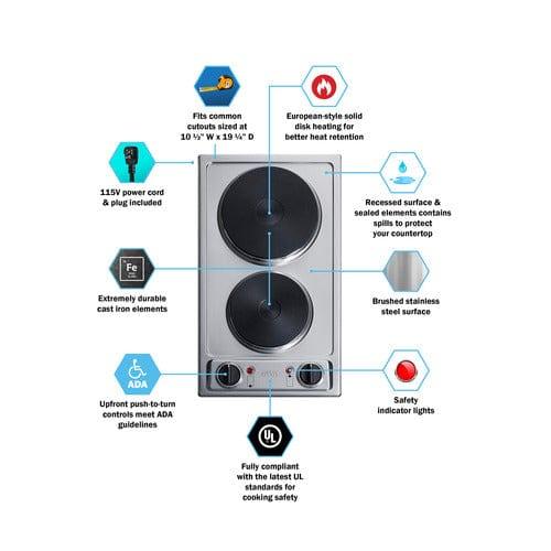 Summit Summit 12&quot; Wide 115V 2-Burner Solid Disk Cooktop CSD2B115