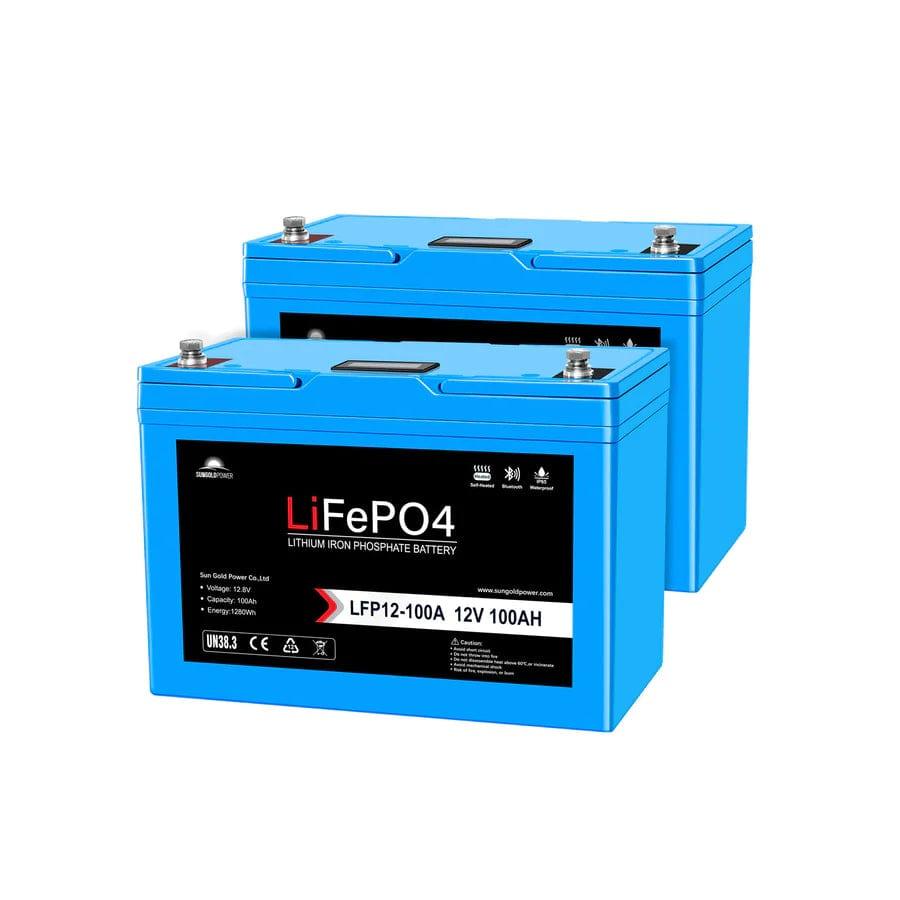 Sungold Power Solar Batteries 2 X 12V 100AH LifePO4 Deep Cycle Lithium Battery / Bluetooth /Self-Heating / IP65