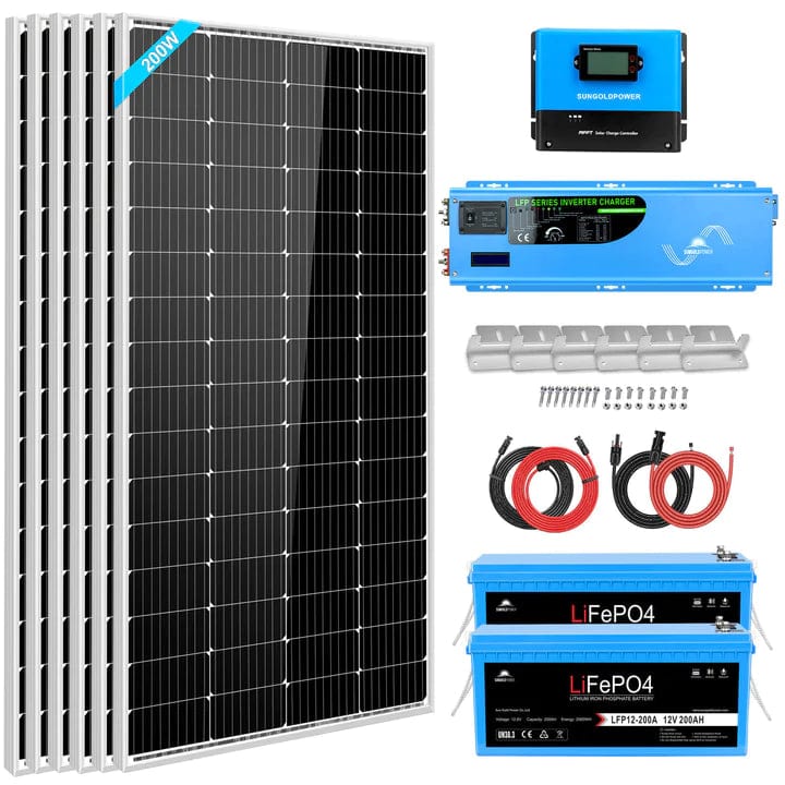 Sungold Power Off Grid Solar Kit 4000w Inverter 12vdc 120v/240v Lifepo4 Battery 1200 Watt Solar Back Up Sgk-Pr4s - Free Shipping!