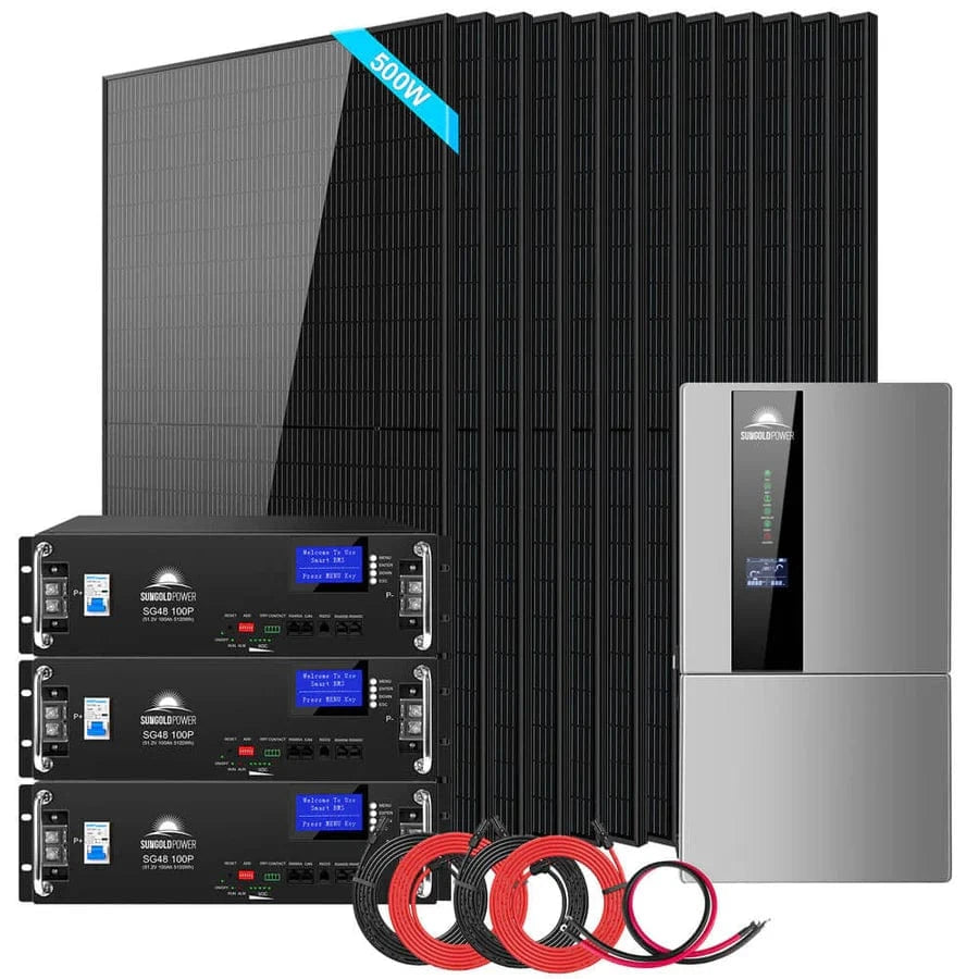 Sungold Power SGH-7.6N3E (7.6kw Inverter + 12 500w Panels PV + 3 100AH Batteries) SunGoldPower SGH-7.6N3E | 7.6KW Hybrid Solar Kit | 48VDC | 30.72KWH Lithium Battery