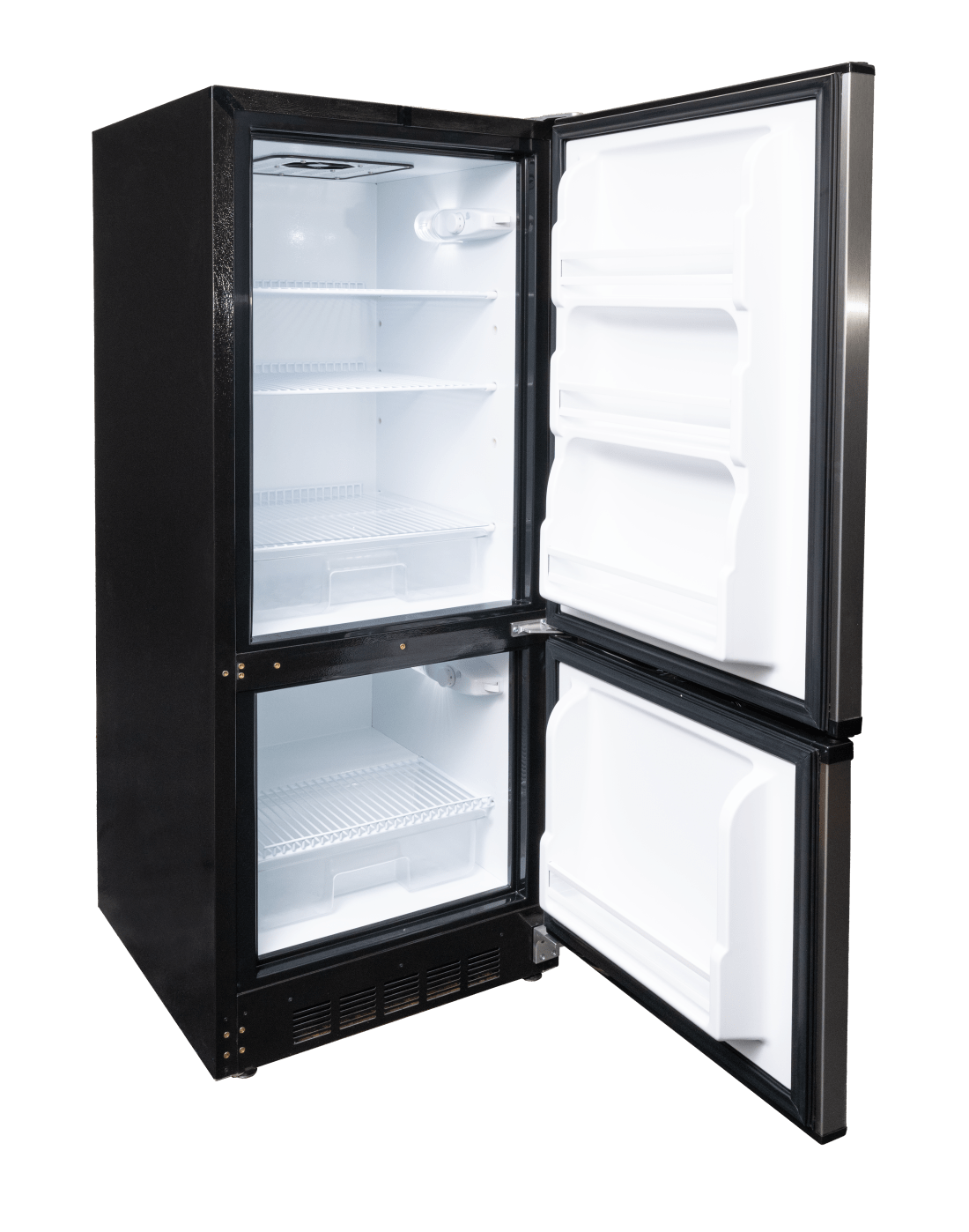 SunStar/SolarFreeze Solar Appliances Sunstar ST-10RFSS Dual Power Solar (DC) and Grid (AC) Powered 10 cu ft Refrigerator-Freezer in Black w/Stainless Doors