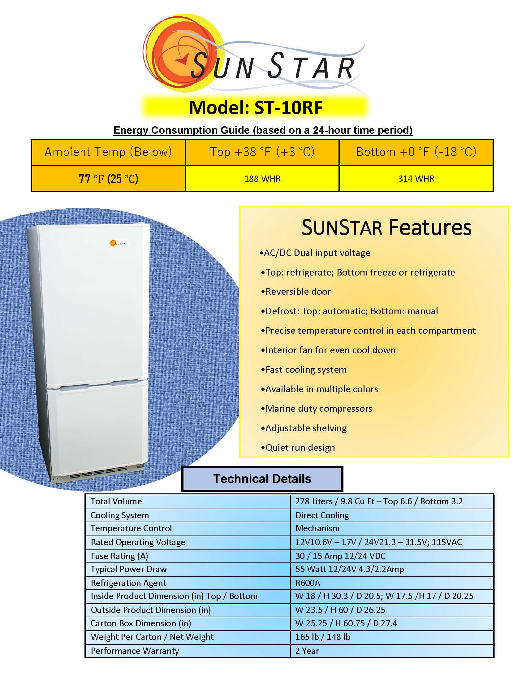 SunStar/SolarFreeze Solar Appliances Sunstar ST-10RFSS Dual Power Solar (DC) and Grid (AC) Powered 10 cu ft Refrigerator-Freezer in Black w/Stainless Doors