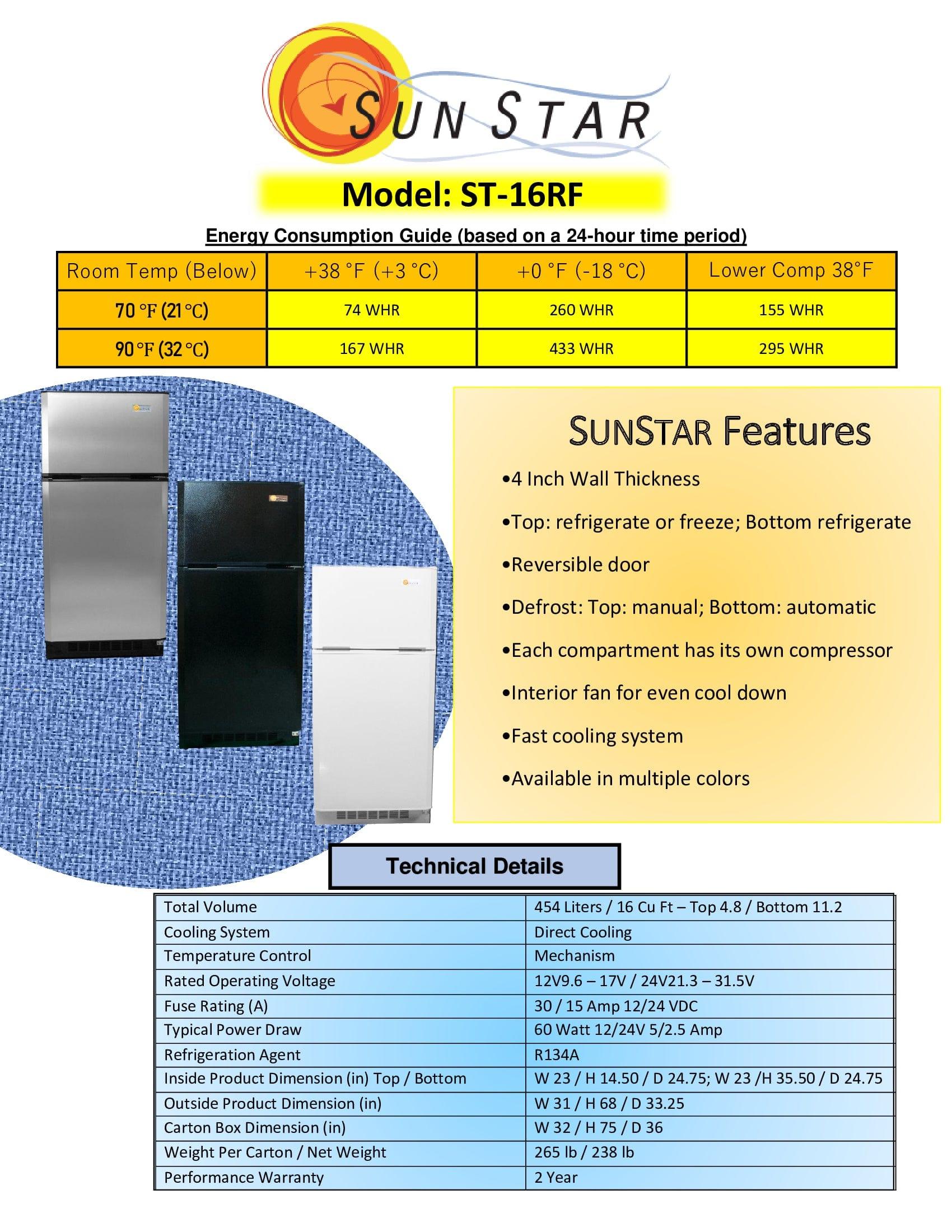 SunStar/SolarFreeze Solar Appliances Sunstar ST-16RFB 16 cu. ft. Low Voltage Solar DC Powered Refrigerator-Freezer in Black