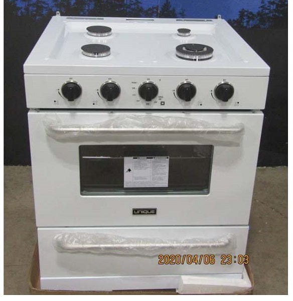 Unique Scratch and Dent or Pre-Owned Off-Grid Appliances New Scratch &amp; Dent Unique Classic 30&quot; Propane Range Battery Ignition Variable BTU Sealed Burners Cast Iron Grates With Window UGP-30G OF1 W (White) Serial #1016179