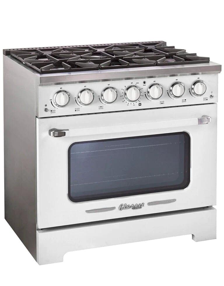 Unique Smoothtop Convection Gas Range Unique 36' Classic Retro Marshmallow White Range With FR Triple Crown Burner UGP-36CR W