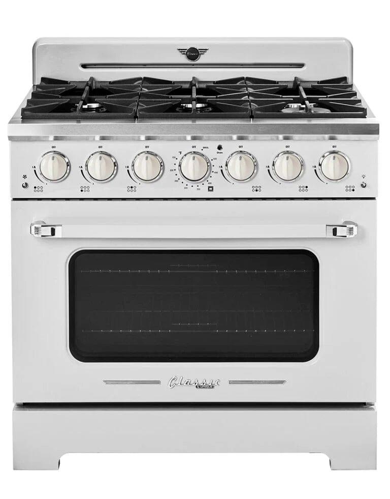 Unique Smoothtop Convection Gas Range Unique 36' Classic Retro Marshmallow White Range With FR Triple Crown Burner UGP-36CR W