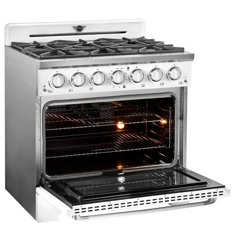 Unique Smoothtop Convection Gas Range Unique 36&#39; Classic Retro Marshmallow White Range With FR Triple Crown Burner UGP-36CR W