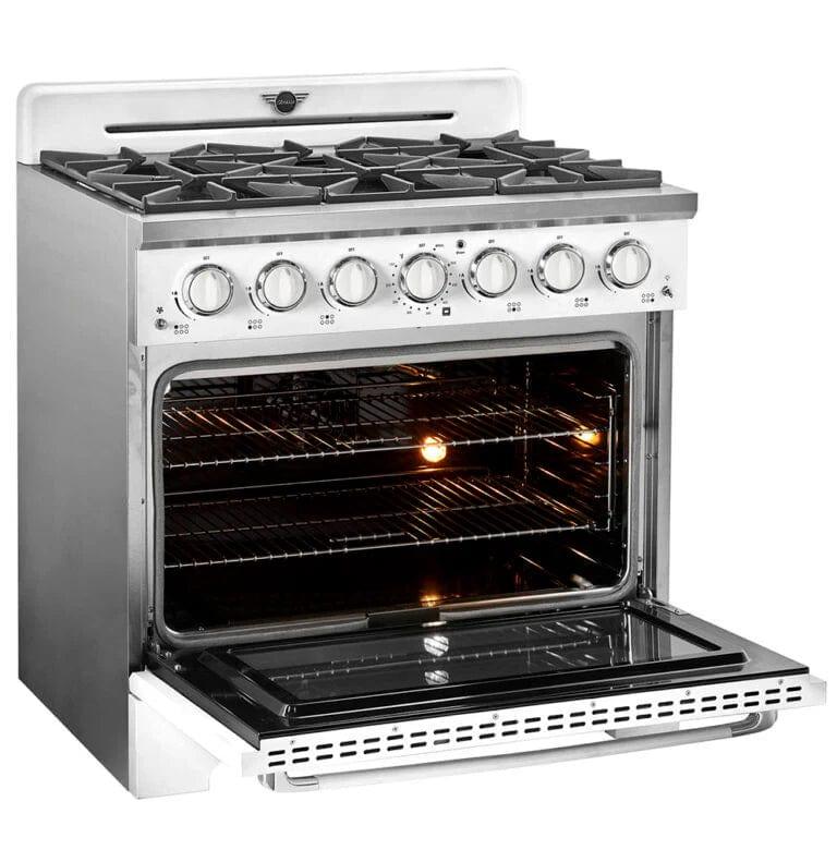 Unique Smoothtop Convection Gas Range Unique 36' Classic Retro Marshmallow White Range With FR Triple Crown Burner UGP-36CR W