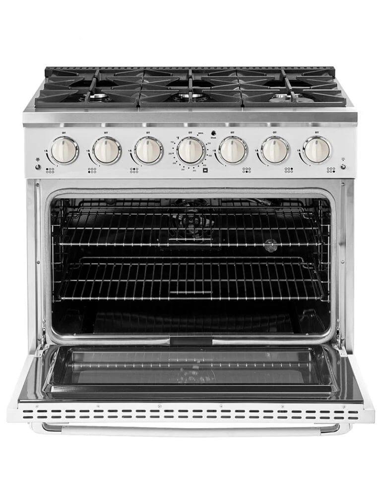 Unique Smoothtop Convection Gas Range Unique 36' Classic Retro Marshmallow White Range With FR Triple Crown Burner UGP-36CR W