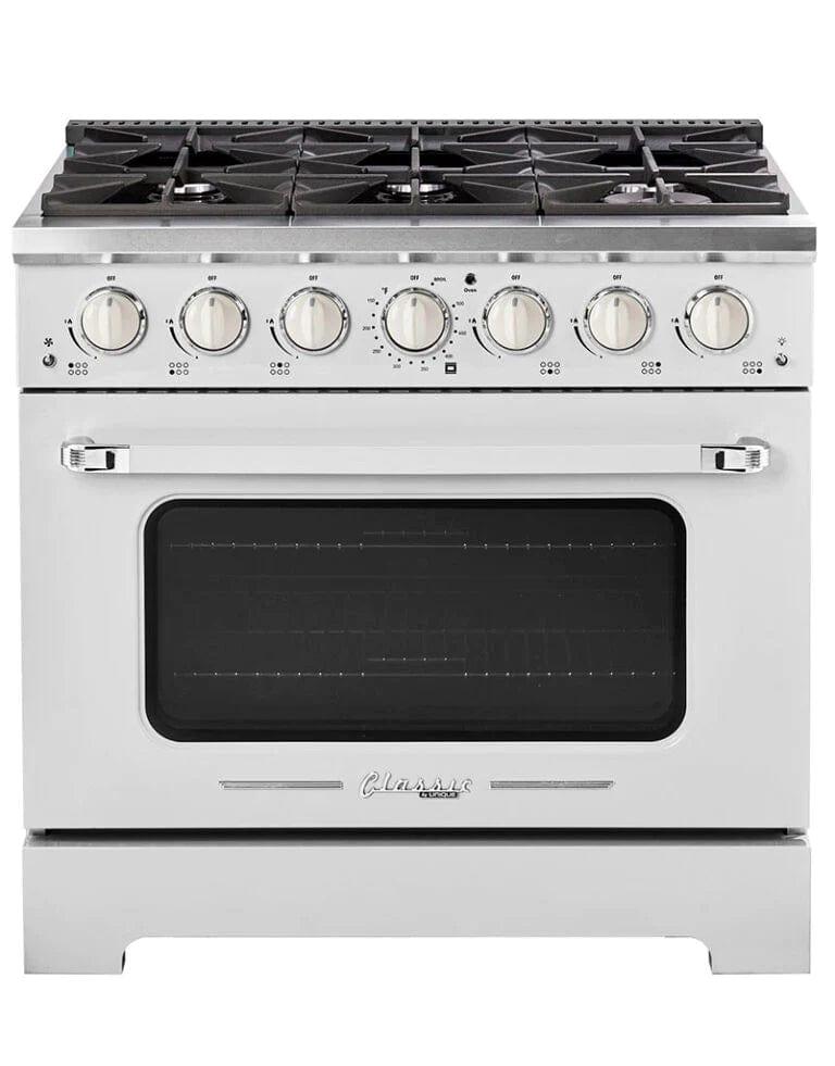 Unique Smoothtop Convection Gas Range Unique 36&#39; Classic Retro Marshmallow White Range With FR Triple Crown Burner UGP-36CR W