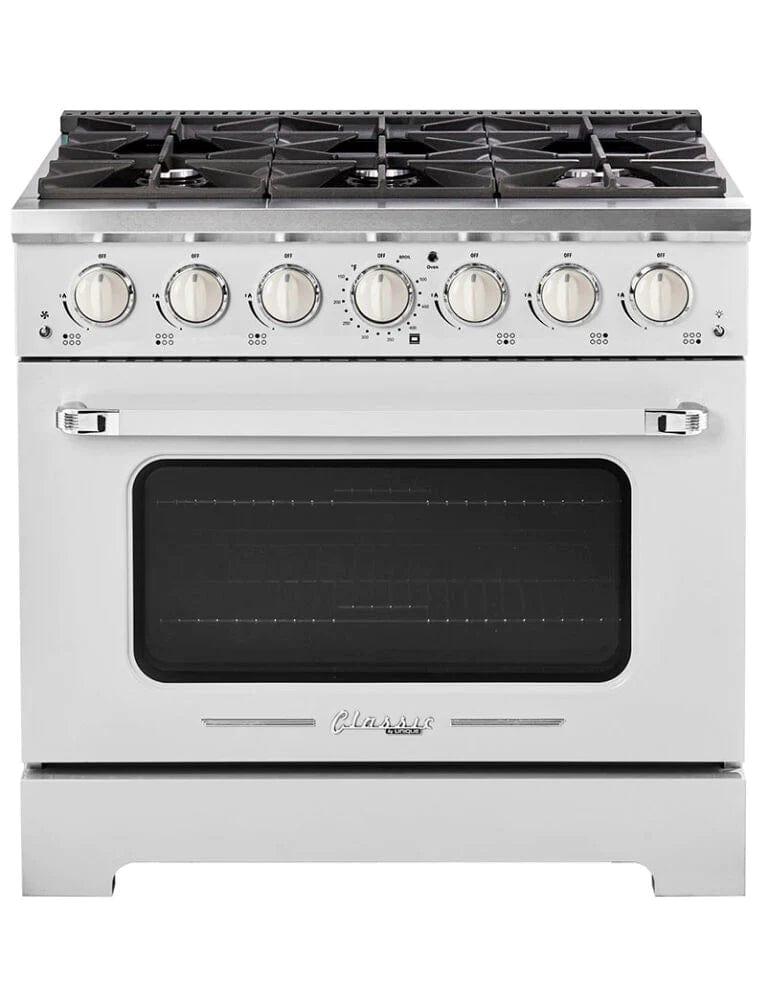Unique Smoothtop Convection Gas Range Unique 36' Classic Retro Marshmallow White Range With FR Triple Crown Burner UGP-36CR W