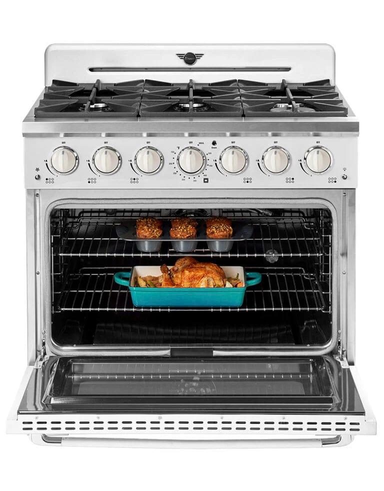 Unique Smoothtop Convection Gas Range Unique 36' Classic Retro Marshmallow White Range With FR Triple Crown Burner UGP-36CR W