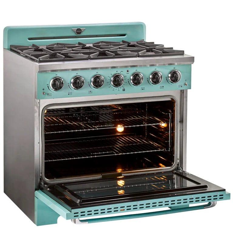 Unique Convection Gas Range Unique 36&#39; Classic Retro Ocean Mist Turquoise Range With FR Triple Crown Burner UGP-36CR T