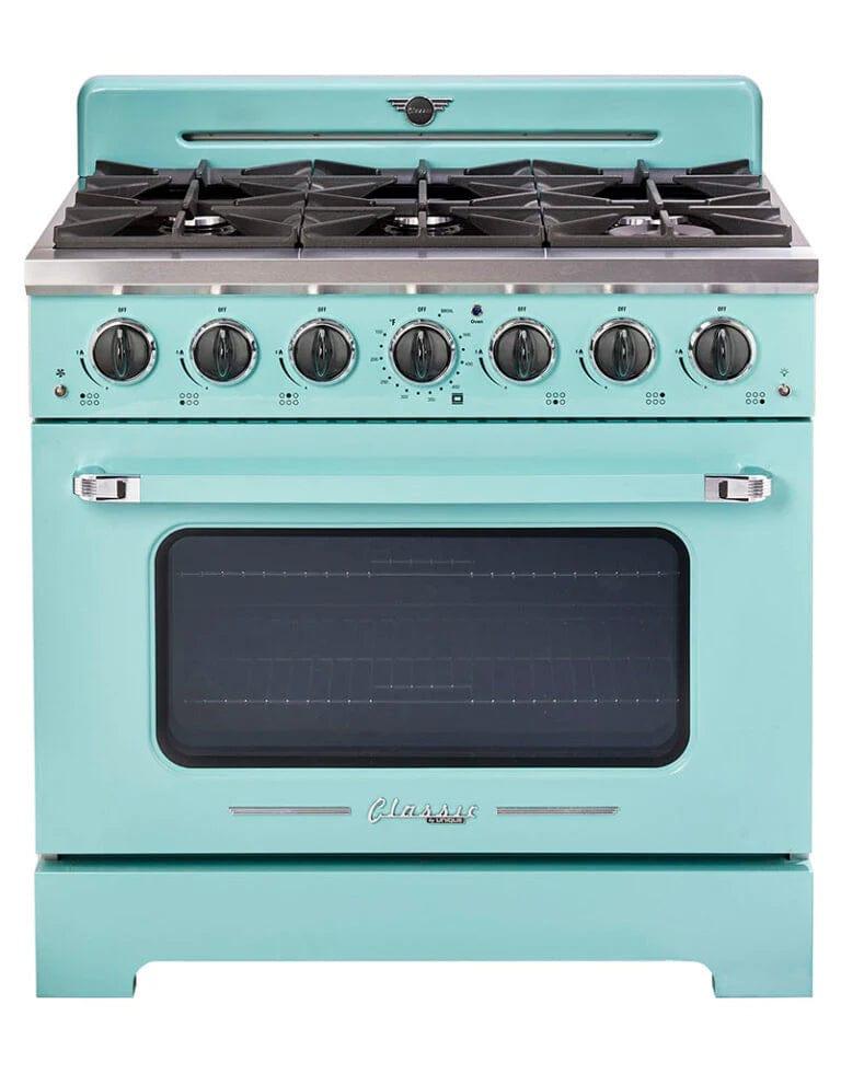 Unique Convection Gas Range Unique 36&#39; Classic Retro Ocean Mist Turquoise Range With FR Triple Crown Burner UGP-36CR T