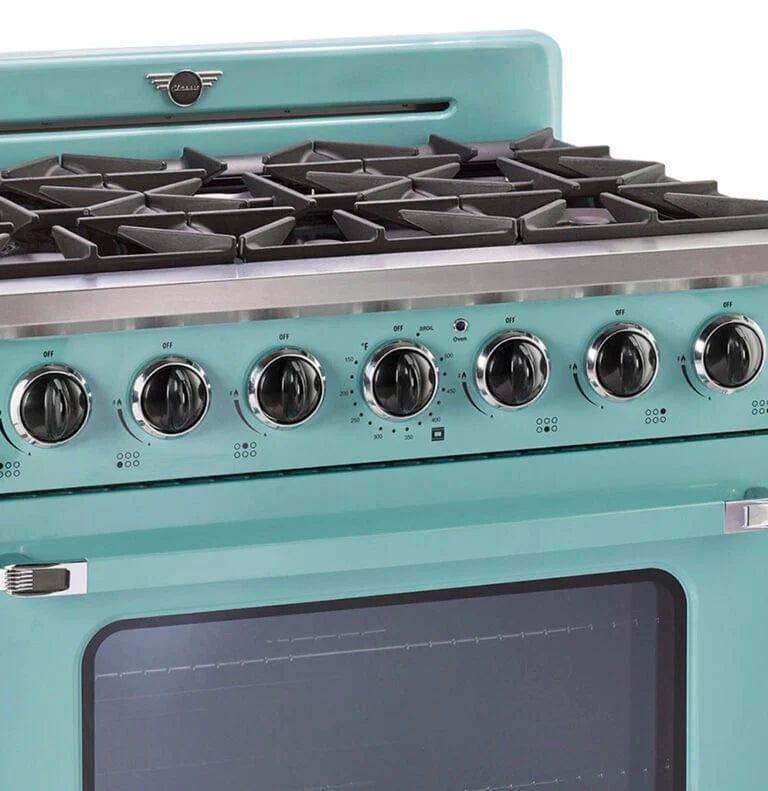 Unique Convection Gas Range Unique 36&#39; Classic Retro Ocean Mist Turquoise Range With FR Triple Crown Burner UGP-36CR T