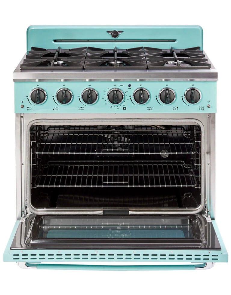 Unique Convection Gas Range Unique 36&#39; Classic Retro Ocean Mist Turquoise Range With FR Triple Crown Burner UGP-36CR T