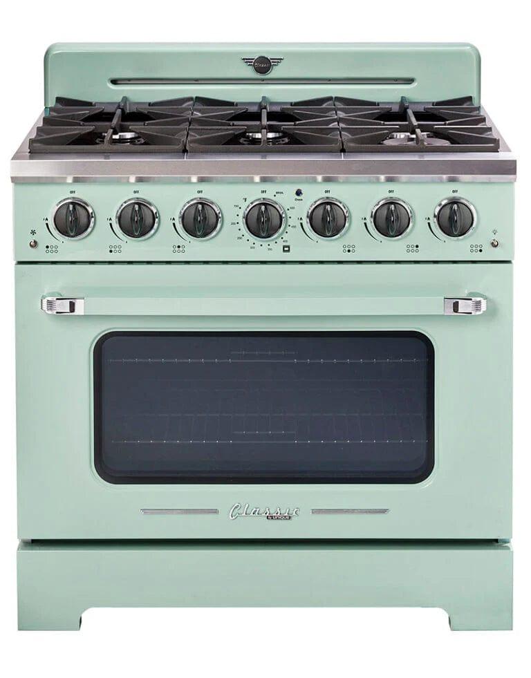 Unique Convection Gas Range Unique 36&#39; Classic Retro Summer Mint Green Range With FR Triple Crown Burner UGP-36CR LG