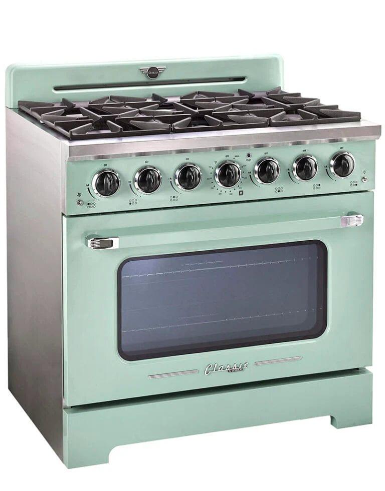 Unique Convection Gas Range Unique 36&#39; Classic Retro Summer Mint Green Range With FR Triple Crown Burner UGP-36CR LG