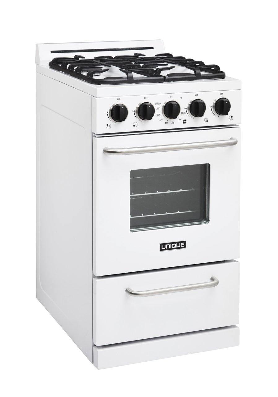 Unique Range/Stove Unique Classic 20" Propane Range Battery Ignition Variable BTU sealed burners Cast iron grates Window UGP-20G OF1 W (white)