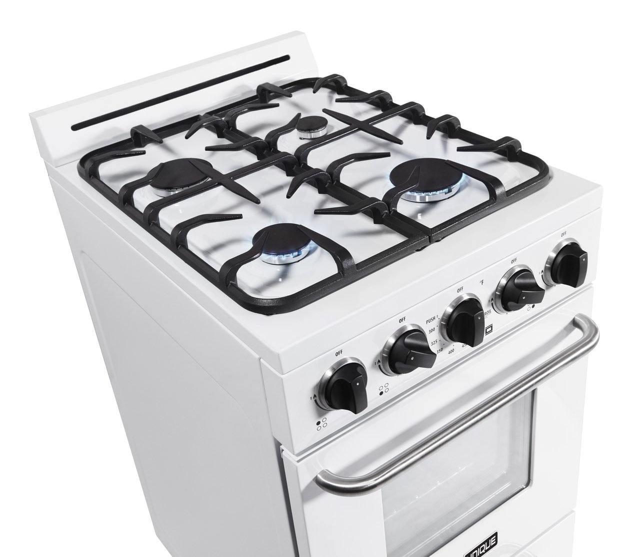 Unique Range/Stove Unique Classic 20" Propane Range Battery Ignition Variable BTU sealed burners Cast iron grates Window UGP-20G OF1 W (white)