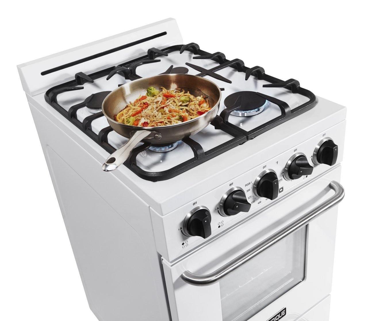 Unique Range/Stove Unique Classic 20" Propane Range Battery Ignition Variable BTU sealed burners Cast iron grates Window UGP-20G OF1 W (white)