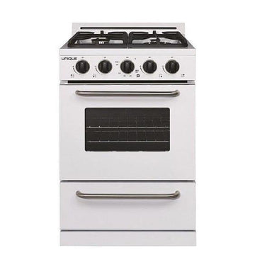 Unique Propane Range /Stove Unique Classic 24" Propane Range Battery Ignition  Variable BTU Sealed Burners (11,000 BTU largest)  Cast Iron Grates Window UGP-24G OF1 W (white)