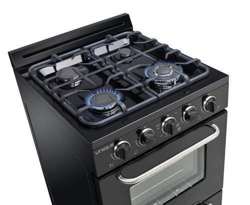 Unique Propane Range /Stove Unique Classic 24" Propane Range Battery Ignition Variable BTU Sealed Burners (11,000 BTU Largest)  Cast Iron Grates With Window UGP-24G OF1 B (Black)