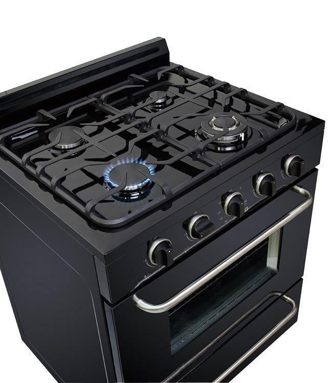 Unique Propane Range /Stove Unique Classic 30" Propane Range Battery Ignition Variable BTU Sealed Burners Cast Iron Grates Window UGP-30G OF1 B (Black)