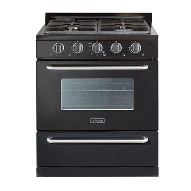 Unique Propane Range /Stove Unique Classic 30" Propane Range Battery Ignition Variable BTU Sealed Burners Cast Iron Grates Window UGP-30G OF1 B (Black)