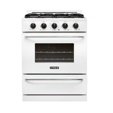 Unique Propane Range /Stove Unique Classic 30" Propane Range Battery Ignition Variable BTU Sealed Burners Cast Iron Grates With Window UGP-30G OF1 W (White)